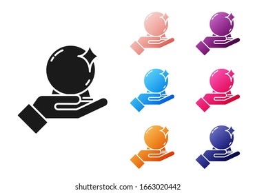 Black Magic ball on hand icon isolated on white background. Crystal ball. Set icons colorful. Vector Illustration