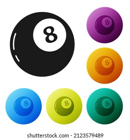 Black Magic bola de predicciones para el icono de toma de decisiones aislado en fondo blanco. Balón de cristal. Establezca los iconos en los botones de círculo de color. Ilustración vectorial