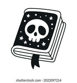 Black magic book. Cover with skull. Witch grimoire. Ritual object. Cute doodle style. Isolated vector black and white illustration.