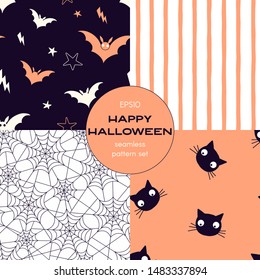 Black magic cartoon vector seamless pattern set. Cobweb, flying bats, witch cat, vertical stripe backgrounds pack. Halloween night decorative textile, wallpaper, wrapping paper design