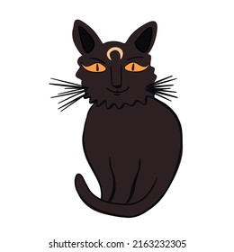 Black magic cat with moon sitting. Doodle hand drawn vector illustration isolated on white