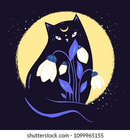 Black magic cat with snowdrops in the background of the moon.Vector illustration.