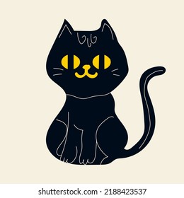 Black magic cat, a symbol of Halloween and mysticism. Hand drawn vector illustration isolated on white background. Modern flat cartoon style.