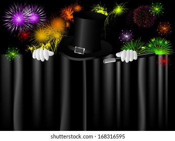Black magic cylinder and magic hand against firework 