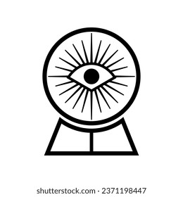 Black magic fortune ball with eye light ray outline icon flat vector design