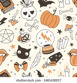 Black magic hand drawn vector seamless pattern. Crystal ball, bottles with poison, worms, skull, black cat on pastel background. Witching stuff wrapping paper, wallpaper modern textile design