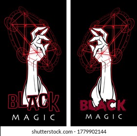 Black Magic. Hand performing magical gestures inside the Kabbalah symbol. 3 colors drawing isolated on black background. EPS10 vector illustration.