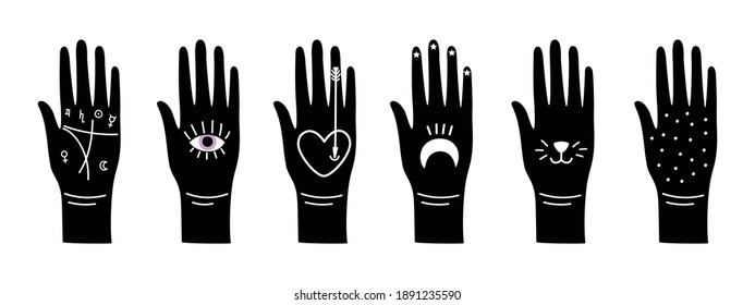 Black magic hands. Magical occult symbols on arm, hand silhouettes vector set