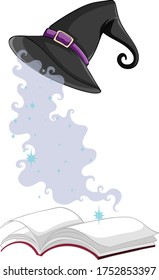 Black magic hat and magic book cartoon style isolated on white background illustration