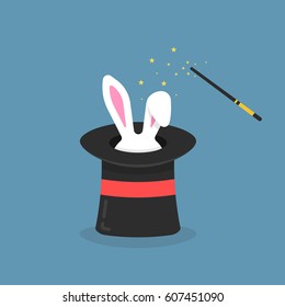 black magic hat with bunny ears. entertainment party or beautiful circus show concept, imagination cylinder with gift animal isolated on blue background. flat style trend logo graphic poster design