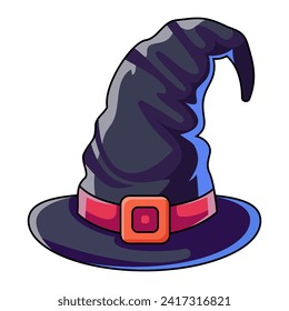 Black magic hat. Cartoon magic witch hat. Wizard cap for Halloween party costume. Vector cartoon illustration of fantasy old magician or sorceress hat.