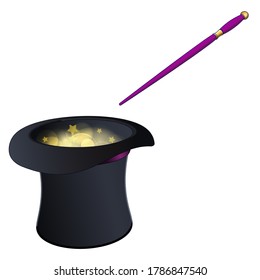 Black magic hat with gold and pink wand isolated on a white background. Vector illustration for icon, poster, greeting and invitation cards, print and web project.
