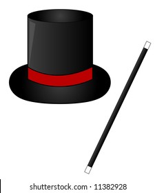black magic hat with red ribbon and magic wand - vector