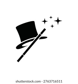 Black magic hat and wand icon