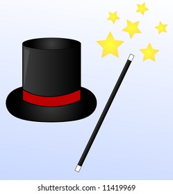 black magic hat and wand on blue background with stars - vector