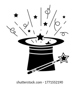 Black magic hat with wand stick and stars. Magical performance template. A magical icon in glyph style, isolated on white background. Vector illustration