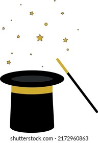 Black magic hat with wand stick and goldan stars, magical performance, wizard, fairy tale things