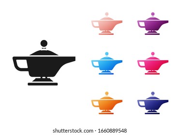 Black Magic lamp or Aladdin lamp icon isolated on white background. Spiritual lamp for wish. Set icons colorful. Vector Illustration