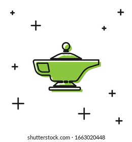 Schwarze Magic-Lampe oder Aladdin-Lampe Symbol einzeln auf weißem Hintergrund. Spirituelle Lampe für Wunsch. Vektorillustration-Illustration