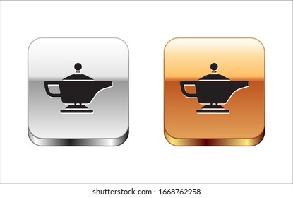 Black Magic lamp or Aladdin lamp icon isolated on white background. Spiritual lamp for wish. Silver-gold square button. Vector Illustration