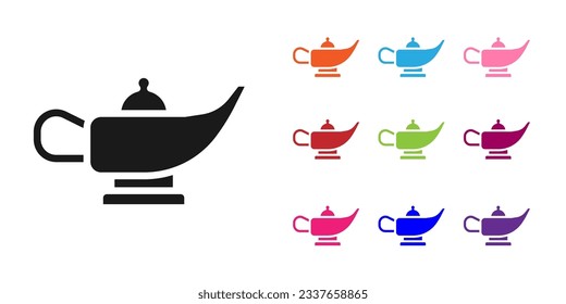 Black Magic lamp or Aladdin lamp icon isolated on white background. Spiritual lamp for wish. Set icons colorful. Vector