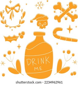 Black magic linocut Christmas and New Year clipart set. Cute poision with Drink Me label. Winter floral elements. Wild vector illustration.