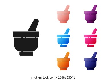Black Magic mortar and pestle icon isolated on white background. Set icons colorful. Vector Illustration
