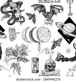 Black magic seamless pattern. Skulls, candles, Death's-head hawkmoth, snakes, bat, moon, datura, saturn, hourglass. Hand drawn engraving tattoo style illustration Macabre nocturnal gothic witchcraft s