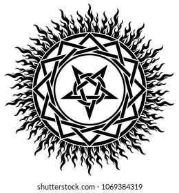 Black magic sign, pentagram and fire, isolated on whie, vector illustration