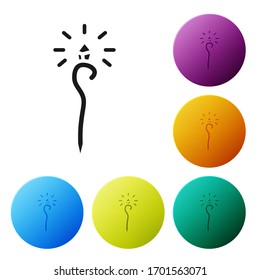 Black Magic staff icon isolated on white background. Magic wand, scepter, stick, rod. Set icons in color circle buttons. Vector Illustration