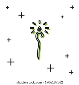 Black Magic staff icon isolated on white background. Magic wand, scepter, stick, rod.  Vector Illustration