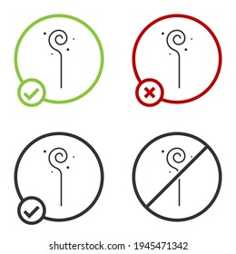 Black Magic staff icon isolated on white background. Magic wand, scepter, stick, rod. Circle button. Vector