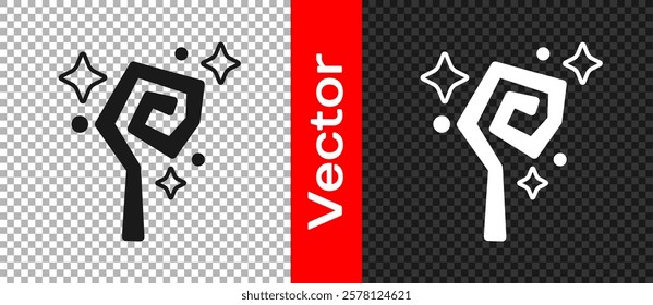 Black Magic staff icon isolated on transparent background. Magic wand, scepter, stick, rod.  Vector