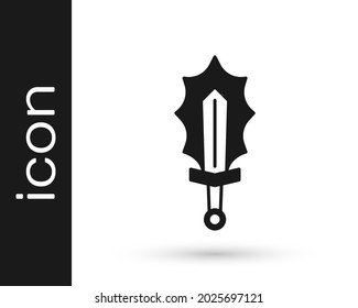 Black Magic sword in fire icon isolated on white background. Fiery sword. Magic weapon of knight, sorcerer, magician. Fire spell. Burning blade.  Vector