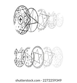 Black magic symbol with triangles and viking runes isolated on white background. Circle shining occult sign. Alchemy spell graphic mage star. Astrology sacred geometric icon