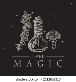 Black magic symbols collection. Hand engraved tattoo style illustration Spooky night gothic witchcraft