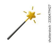 Black magic wand with golden star and sparkles 3d realistic style rendering. Magician, wizard, fairy, princess accessory vector illustration isolated on white background