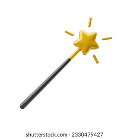 La varita mágica negra con estrella dorada y resplandeciente renderización de estilo 3d realista. Magician, mago, hadas, princesa ilustración vectorial accesoria aislada en fondo blanco