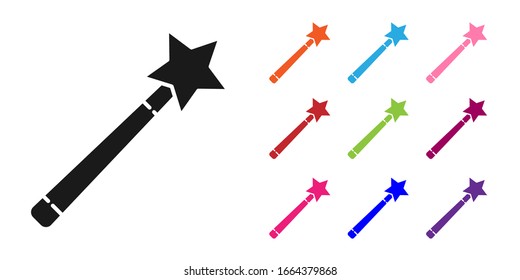 Icono de la varita mágica negra aislado en fondo blanco. Accesorio mágico con forma de estrella. Poder mágico. Establecer iconos coloridos. Ilustración vectorial