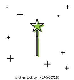 Icono de la varita mágica negra aislado en fondo blanco. Accesorio mágico con forma de estrella. Poder mágico. Ilustración vectorial