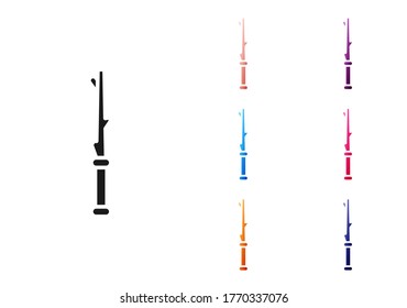 Icono de varita mágica negra aislado en fondo blanco. Complemento mágico de forma estrella. Poder mágico. Indique los iconos en colores. Ilustración vectorial