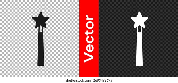 Ícone de varinha mágica preta isolado no fundo transparente. Acessório mágico em forma de estrela. Poder mágico.  Vetor