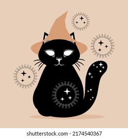 Black magic witch cat with stars boho on brown background flat vector design.