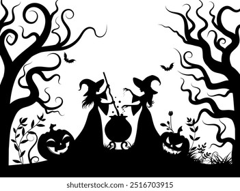 Las brujas de magia negra deletrean las palabras y cocinan veneno en una olla mágica. Ilustración de silueta para Halloween.