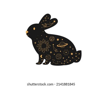 Black magical bunny rabbits, Mystic crescent moon esoteric symbol, constellation elements. witchy black pet.