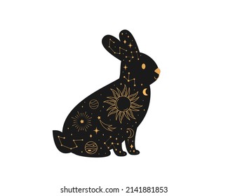 Black magical bunny rabbits, Mystic crescent moon esoteric symbol, constellation elements. witchy black pet.