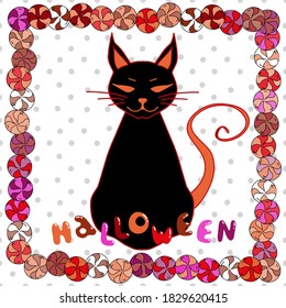 Black magical cat for Halloween. Lollipop frame. Lettering.