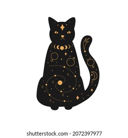 Black magical cat, Mystic crescent moon esoteric symbol, constellation elements. witchy black pet