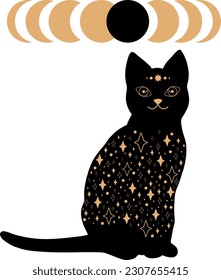 Gato mágico negro con estampado estelar y estadios eclipses. Astrología y misterio. Ilustración del vector aislada en fondo blanco