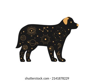 Black magical dog, Mystic crescent moon esoteric symbol, constellation elements. witchy black pet